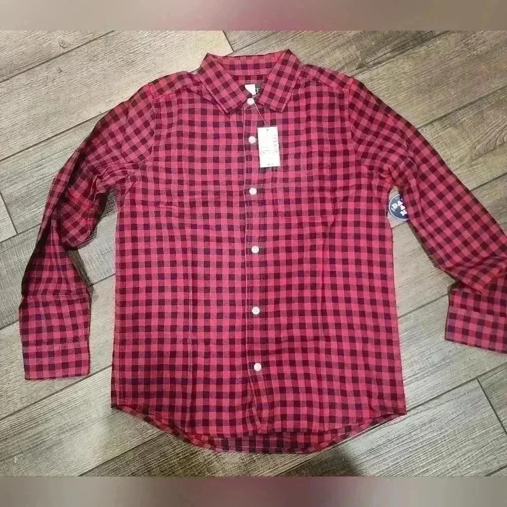 The Children's Place Plaid Button Up Shirt Boys Size Large 10-12 Red Black